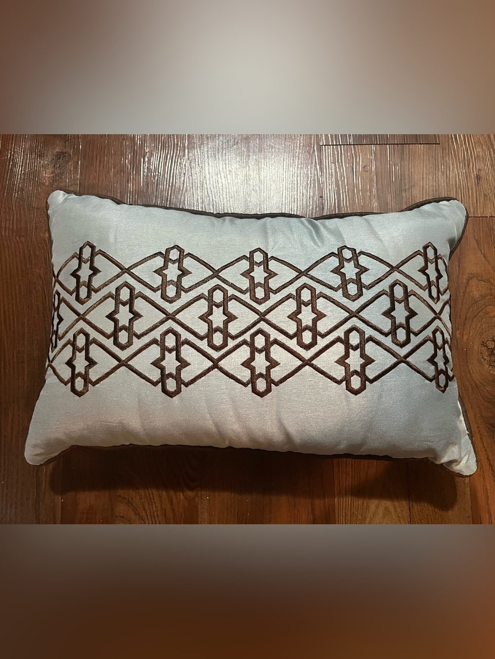 Decorative Light Blue Throw Accent Pillow w/ Brown Geometric Embroidery 18 x 11”